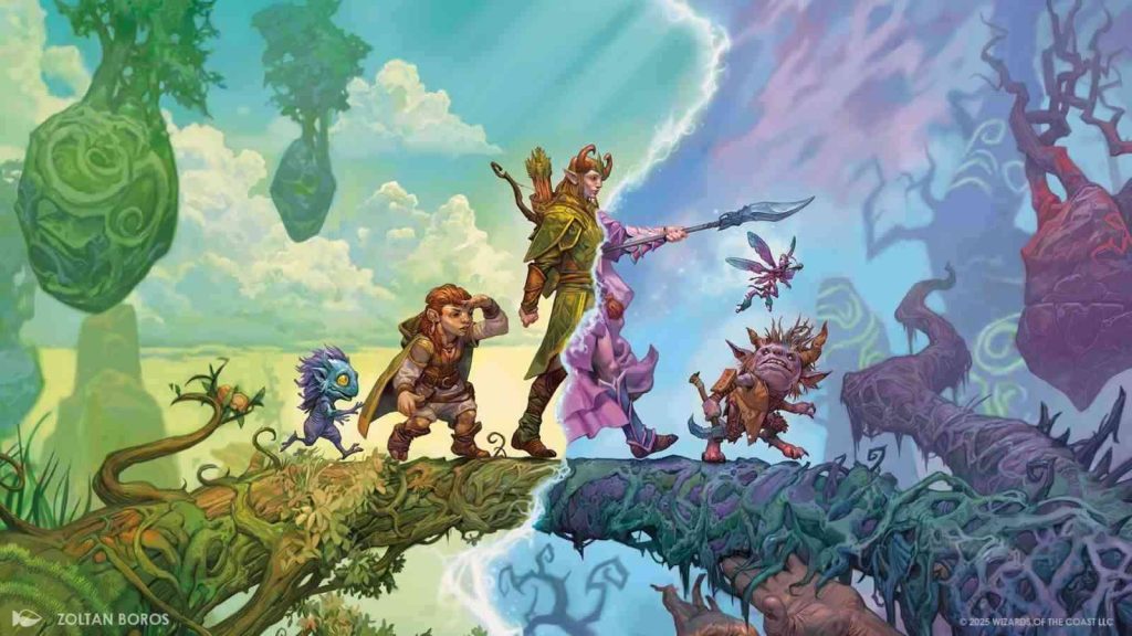 MTG Lorwyn Eclipsed key visual showing a group of fantastical creatures walking over a tree bridge and the Aurora border in between