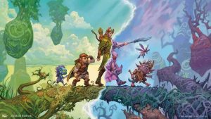 MTG Lorwyn Eclipsed key visual showing a group of fantastical creatures walking over a tree bridge and the Aurora border in between