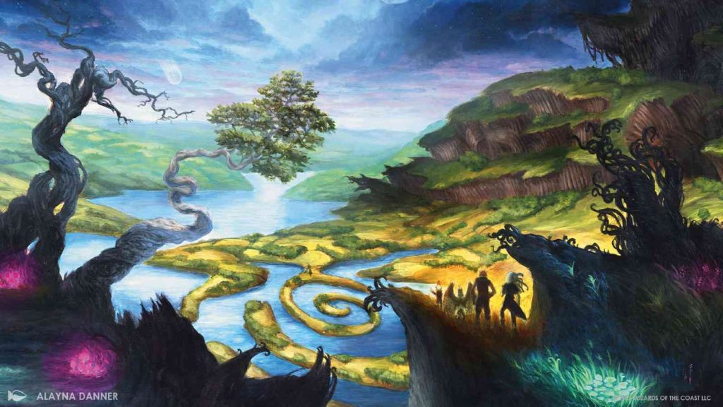 MTG Lorwyn Eclipsed key concept art showing a river, its banks, and overlooking hill