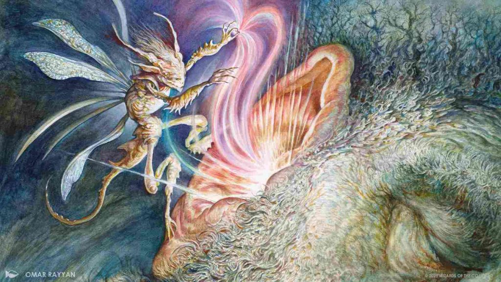 MTG Lorwyn Eclipsed Mechanics concept art showing a flying fairy-like creature pulling a purple stream of light