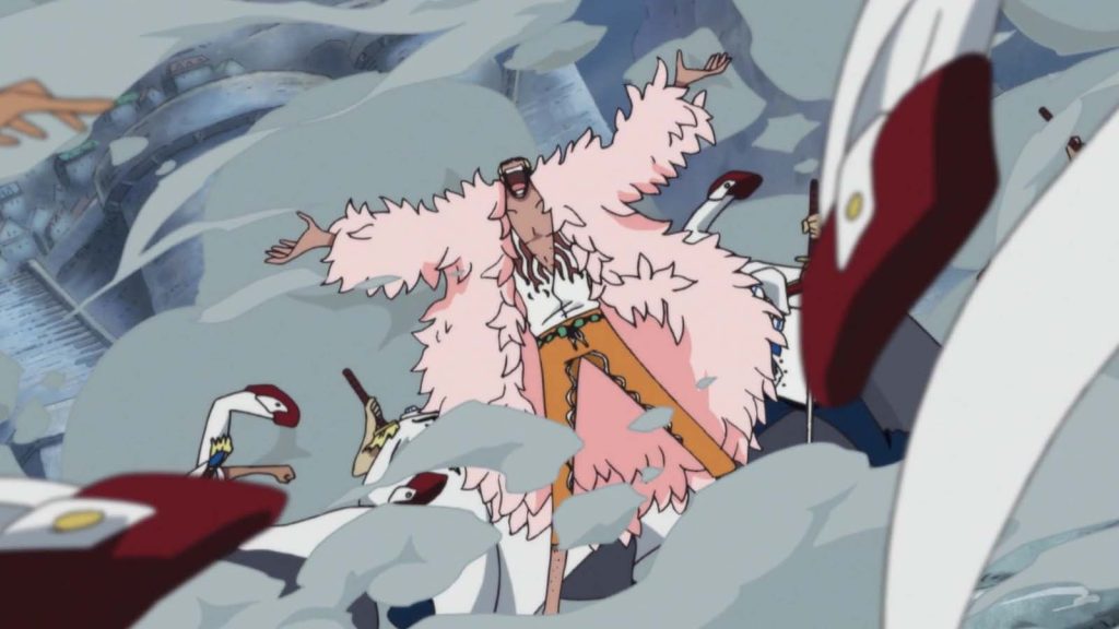 Doflamingo laughing in the One Piece anime.