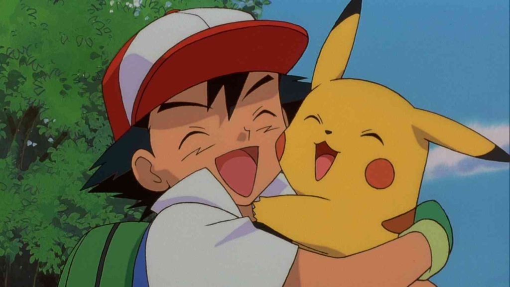 Ash hugs Pikachu with big smiles in Pokemon 3: The Movie official screenshot