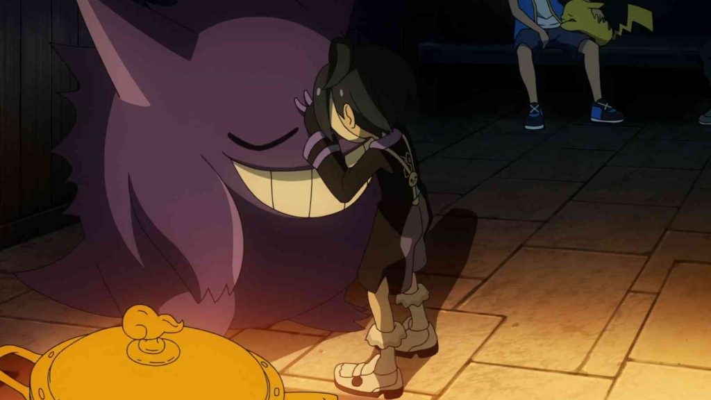 Ash’s Gengar hugs Ghost-type Gym Leader Allister after he comforts it and learns about its past in Pokémon Journeys Episode 92, “The Winding Path to Greatness!” (2021)