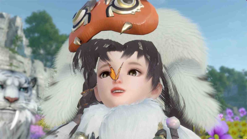 Close-up of Ruan Ruan with an orange butterfly on her nose in Sword of Justice