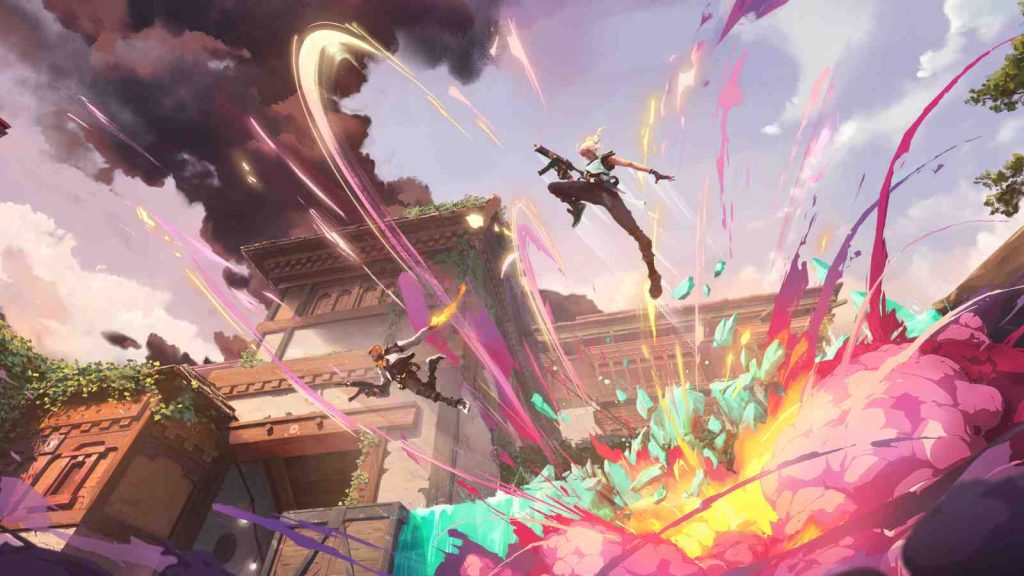 Jett and Phoenix jumping high on Haven map away from colorful smoke official Riot Games concept art