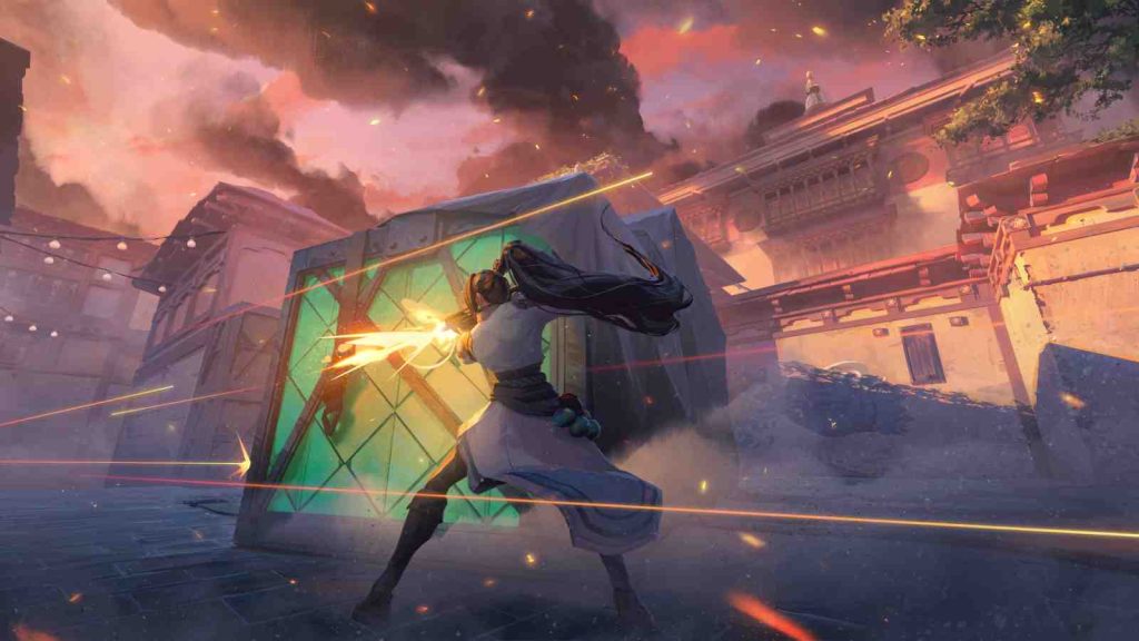 Sage shooting from behind a box caught in a crossfire on Haven map official concept art